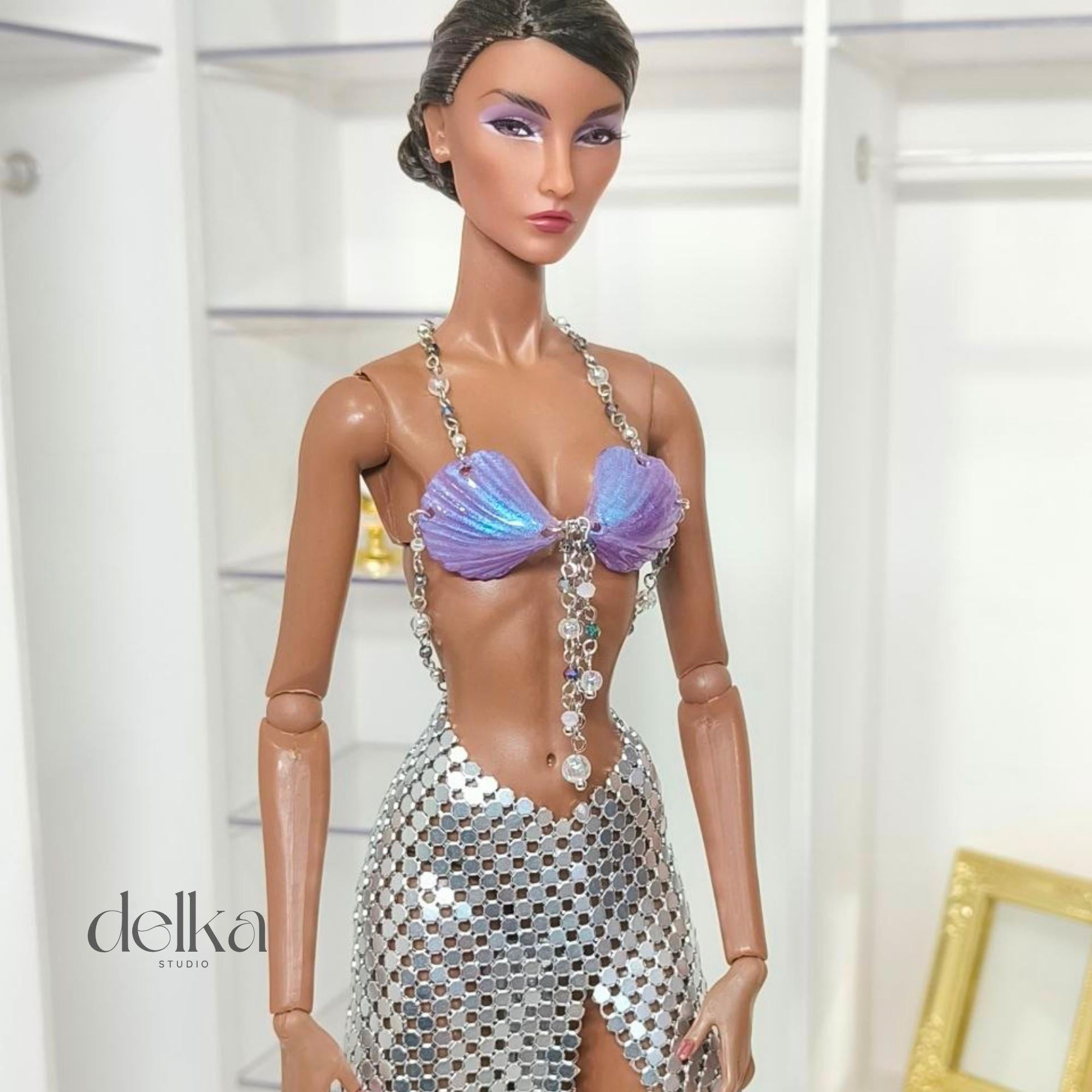 Mermaid top and metallic mesh skirt for 1/6-scale fashion dolls