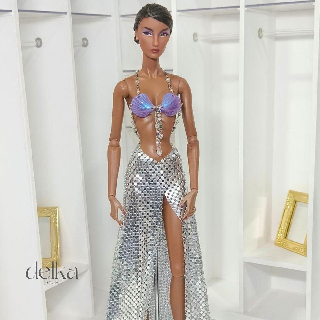 Mermaid top and metallic mesh skirt for 1/6-scale fashion dolls