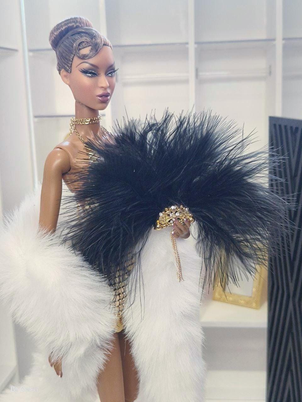 Miniature Feather Fan for 1:6 Scale Dolls, Handmade Accessory for Fashion Royalty and 12 Inch Dolls, Gift for dolls Collectors