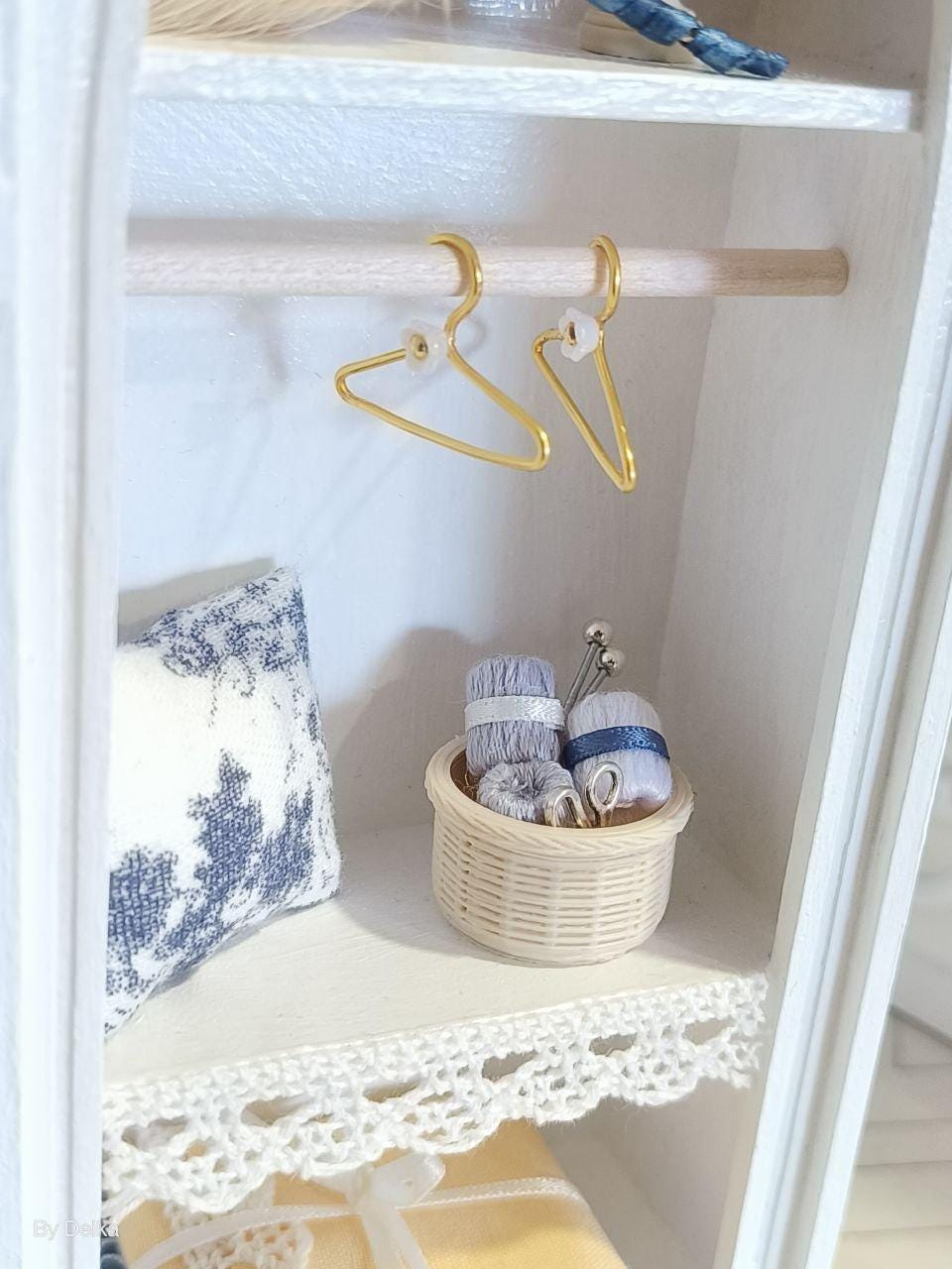 2 miniature sewing and laundry cabinets for dollhouses, vintage bookshelf in 1/12 scale