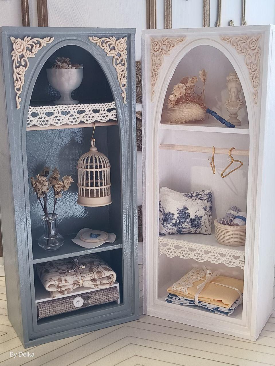 2 miniature sewing and laundry cabinets for dollhouses, vintage bookshelf in 1/12 scale