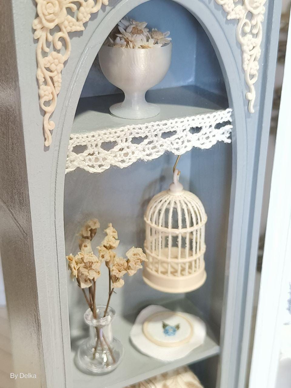 2 miniature sewing and laundry cabinets for dollhouses, vintage bookshelf in 1/12 scale