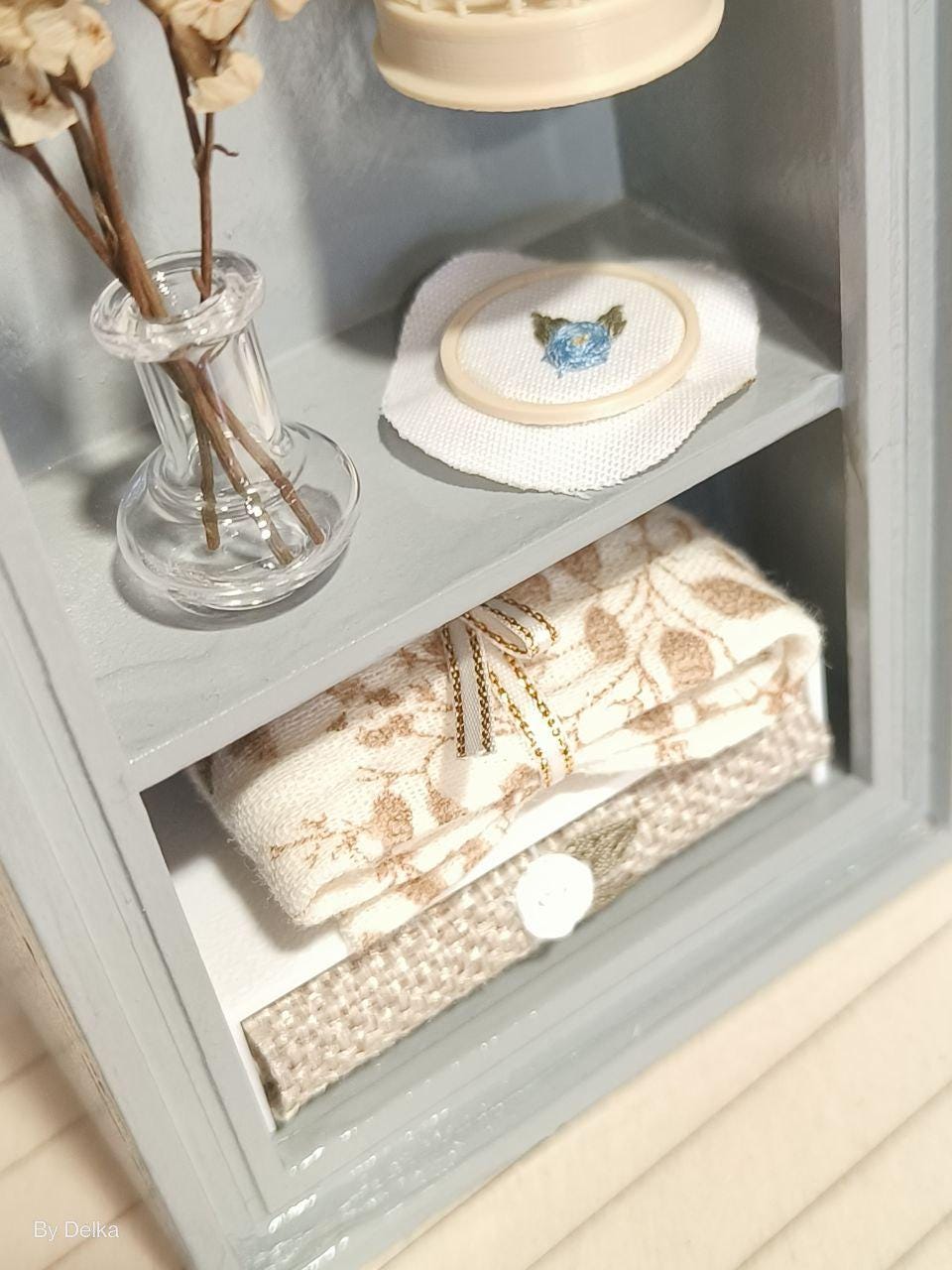 2 miniature sewing and laundry cabinets for dollhouses, vintage bookshelf in 1/12 scale