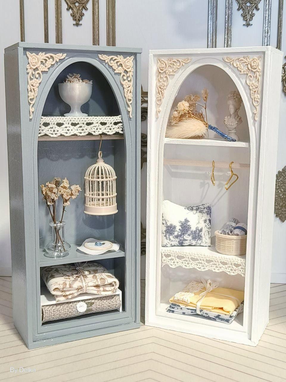 2 miniature sewing and laundry cabinets for dollhouses, vintage bookshelf in 1/12 scale