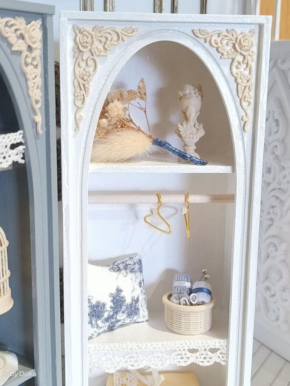 2 miniature sewing and laundry cabinets for dollhouses, vintage bookshelf in 1/12 scale